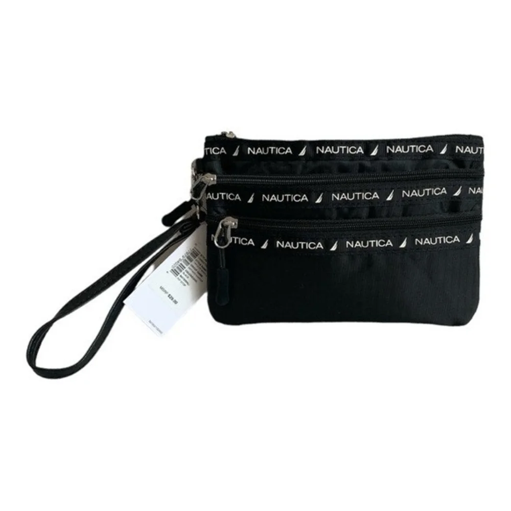 Nautica Women’s Black Nylon Triple Zip Wristlet Clutch Bag Travel NWT